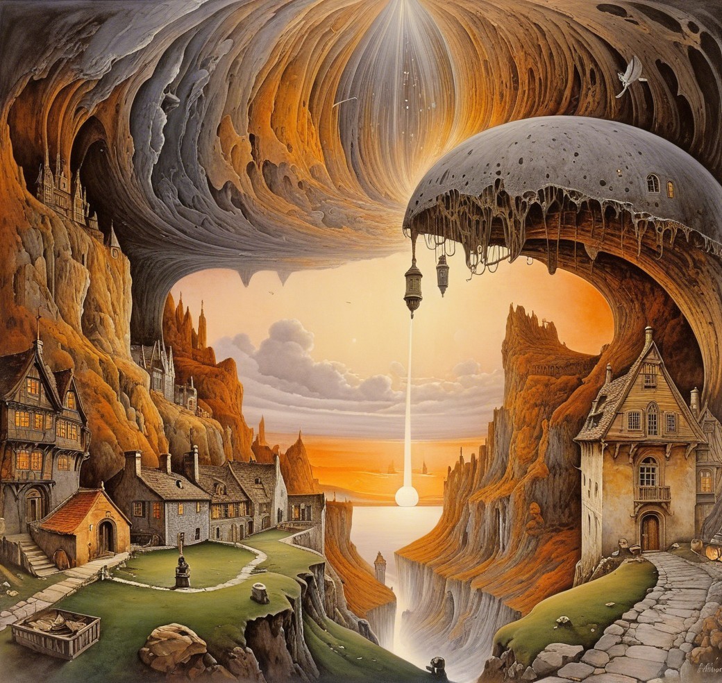 Surreal Landscape with Whimsical Houses and Waterfall