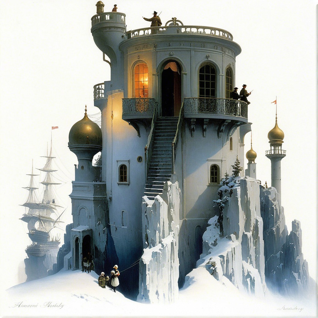Snow-Covered Tower with Golden Domes and Adventure Theme