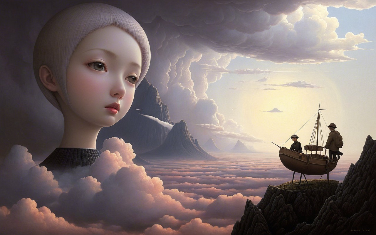 Surreal Landscape with Giant Girl and Dreamy Sea