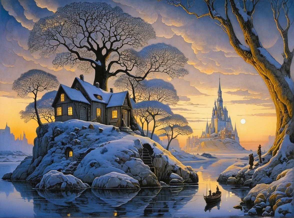 Cozy Cabin in a Serene Winter Landscape with Castle
