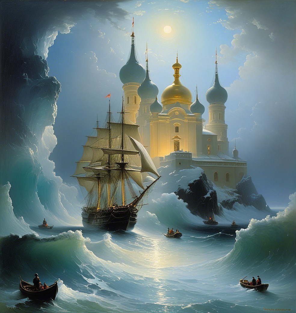 Majestic castle under moonlight with stormy ocean scene