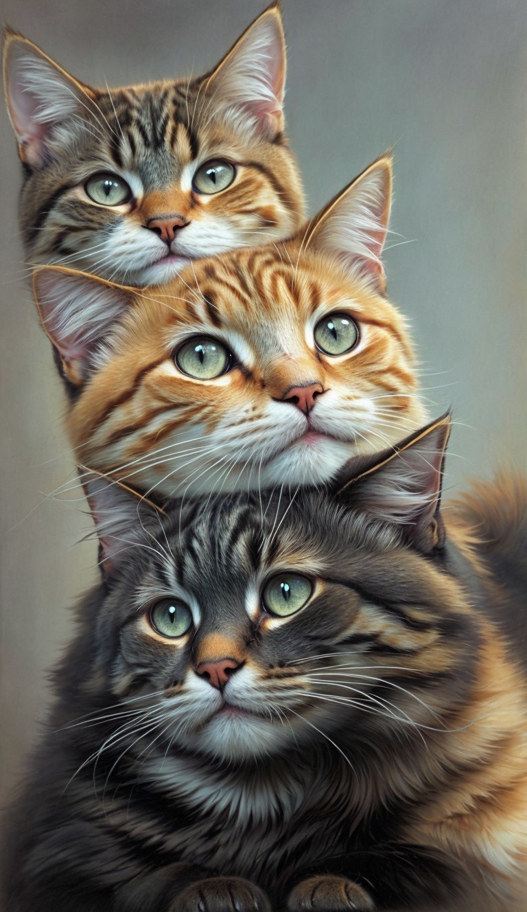 Three Brown Tabby Cats with Green Eyes Stacked Vertically