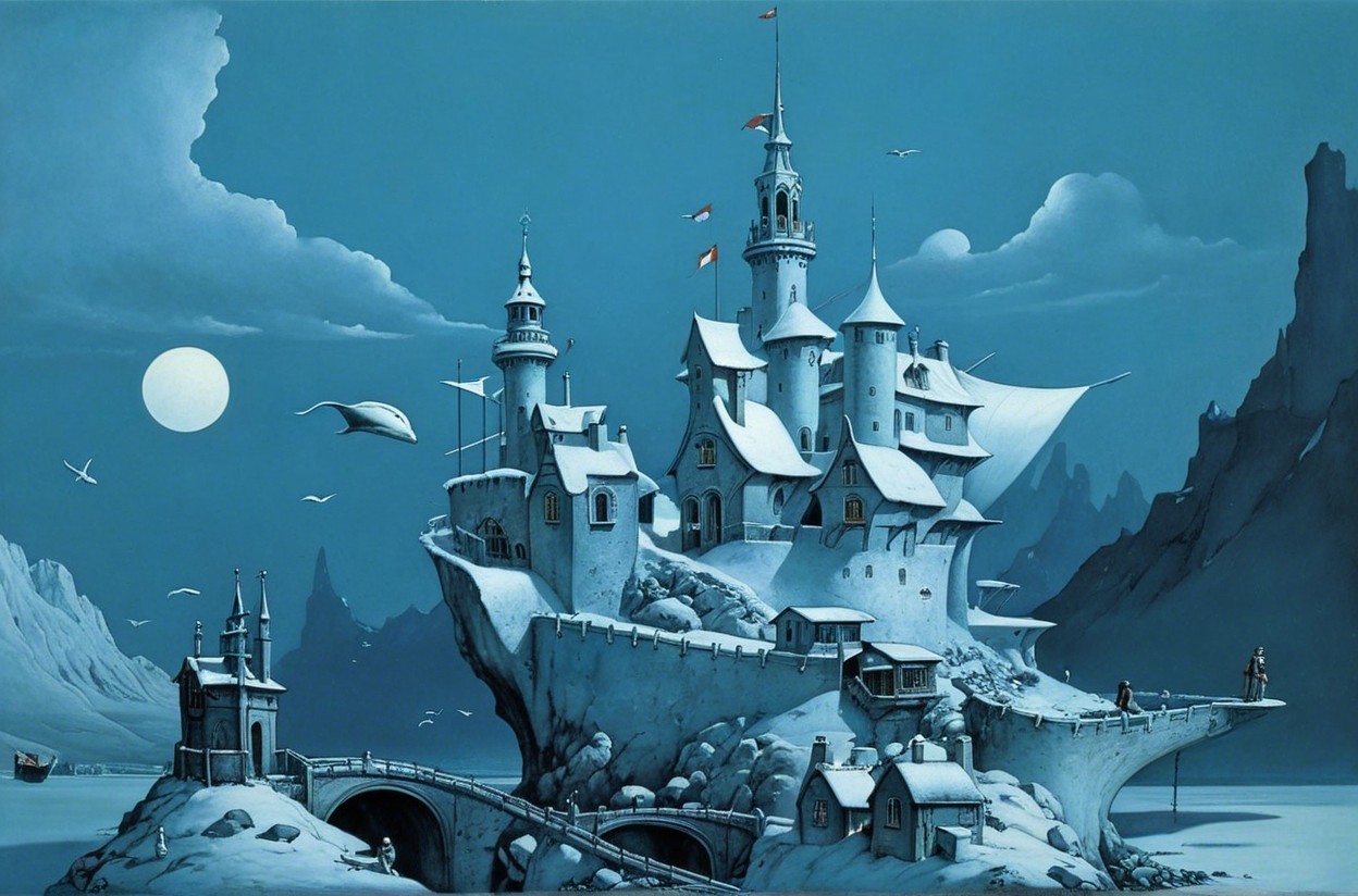 Ornate castle in a snowy landscape under a glowing moon