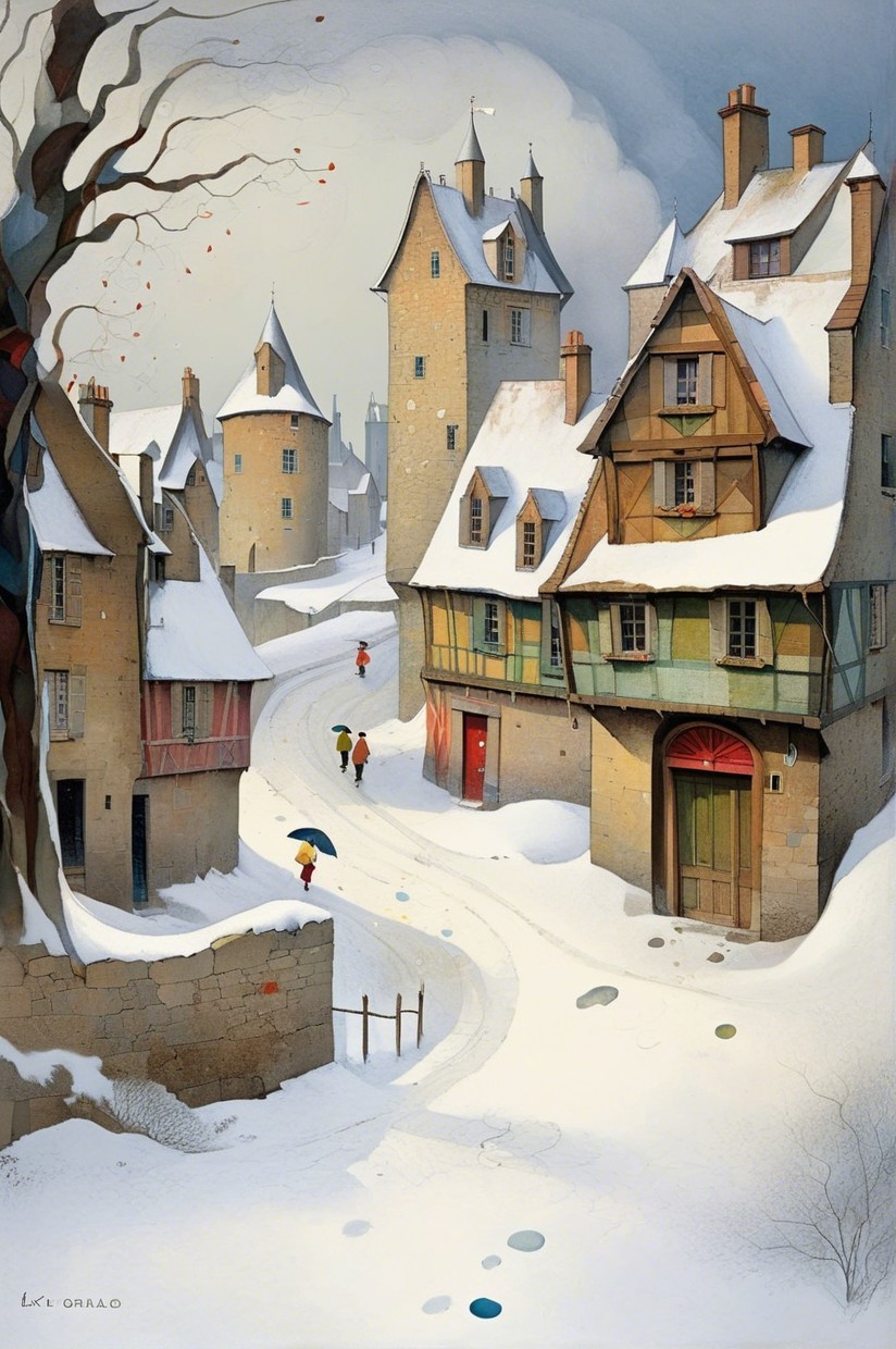 Charming Winter Village Scene with Snowy Landscape