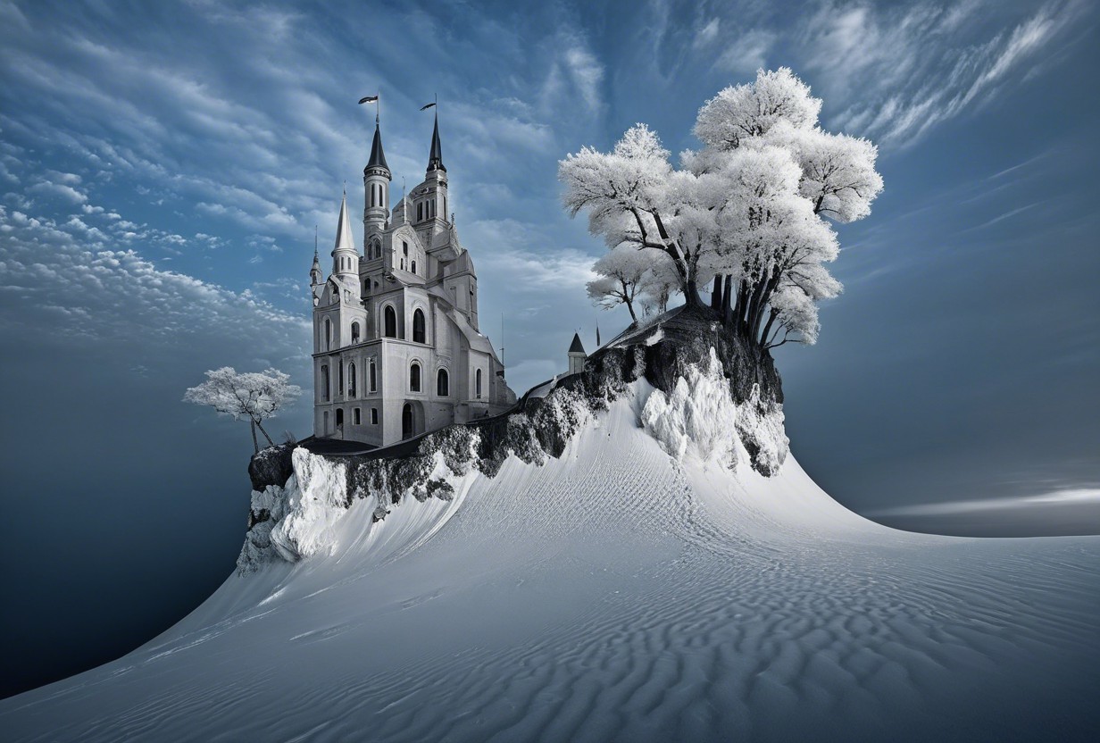Castle on Snowy Mountain with Frost-Covered Trees