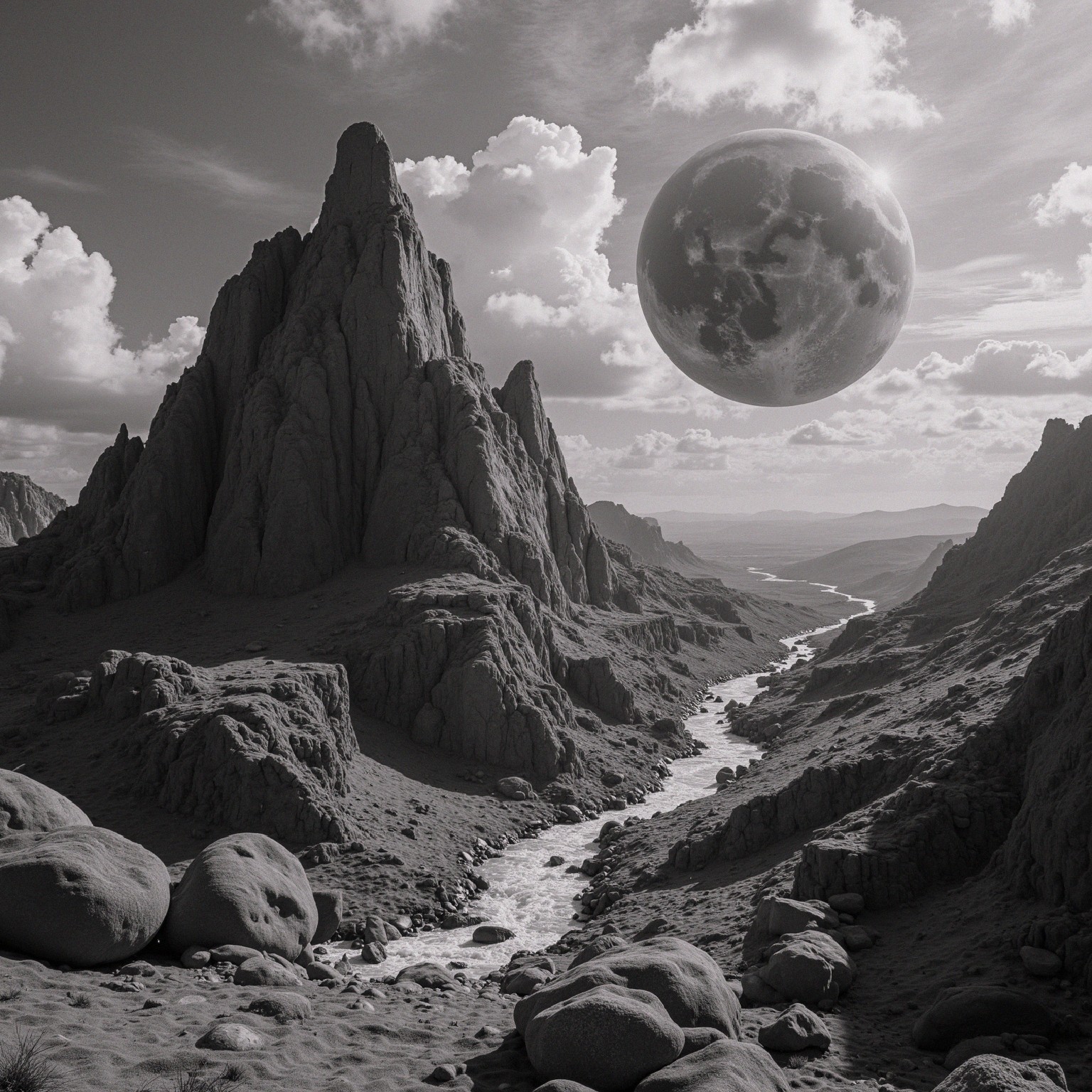 Otherworldly Black and White Landscape with Moon