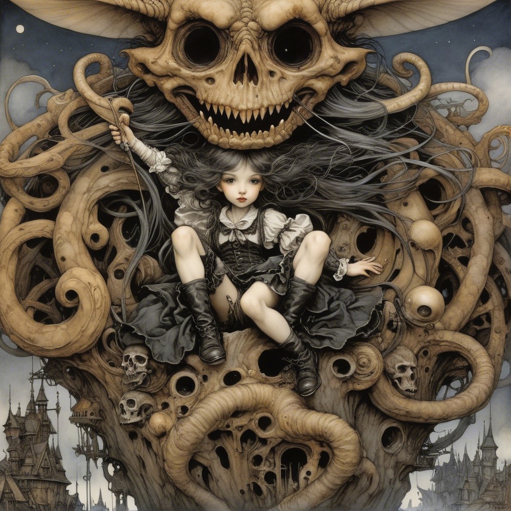 Gothic Scene with Young Girl and Monstrous Figure