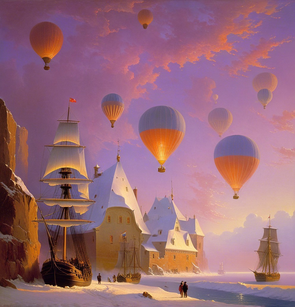 Hot Air Balloons Over Winter Landscape with Castle