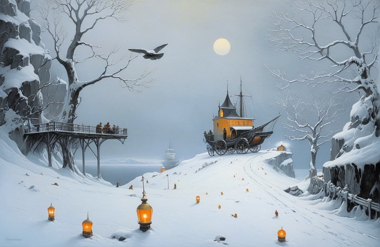 Surreal Winter Landscape with Whimsical Yellow House
