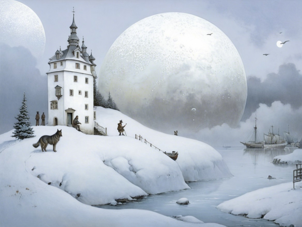 Whimsical Winter Landscape with Castle and Moons