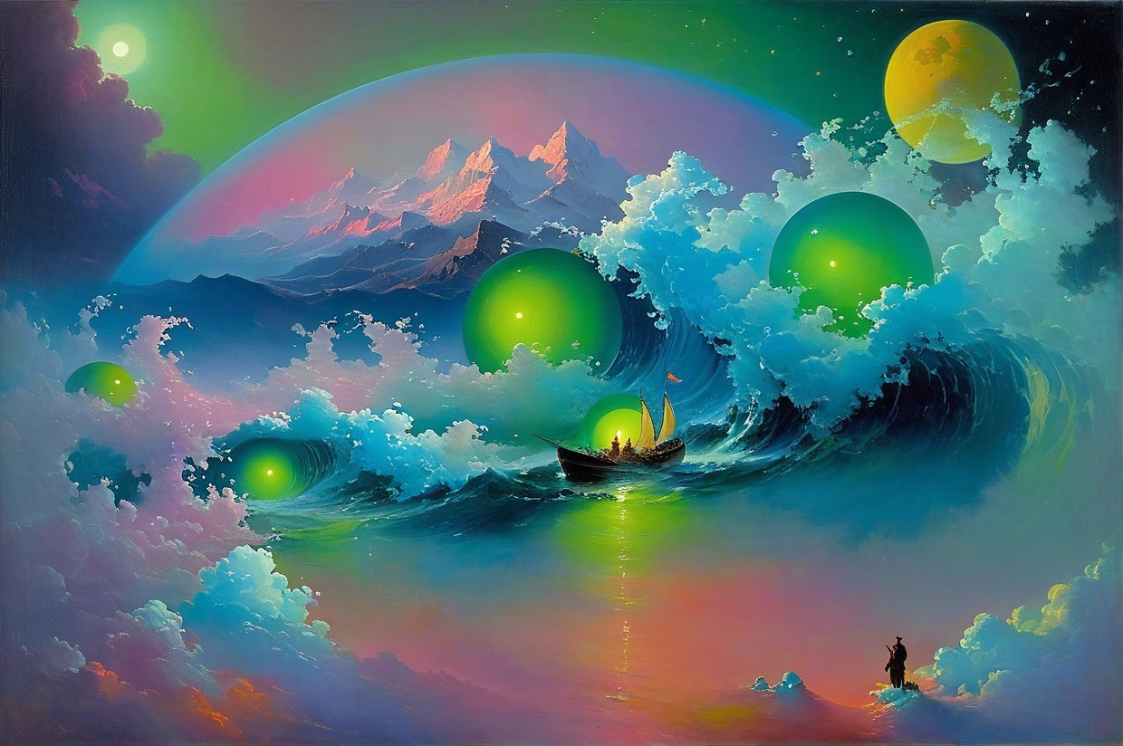 Surreal Landscape with Celestial Scene and Vibrant Colors