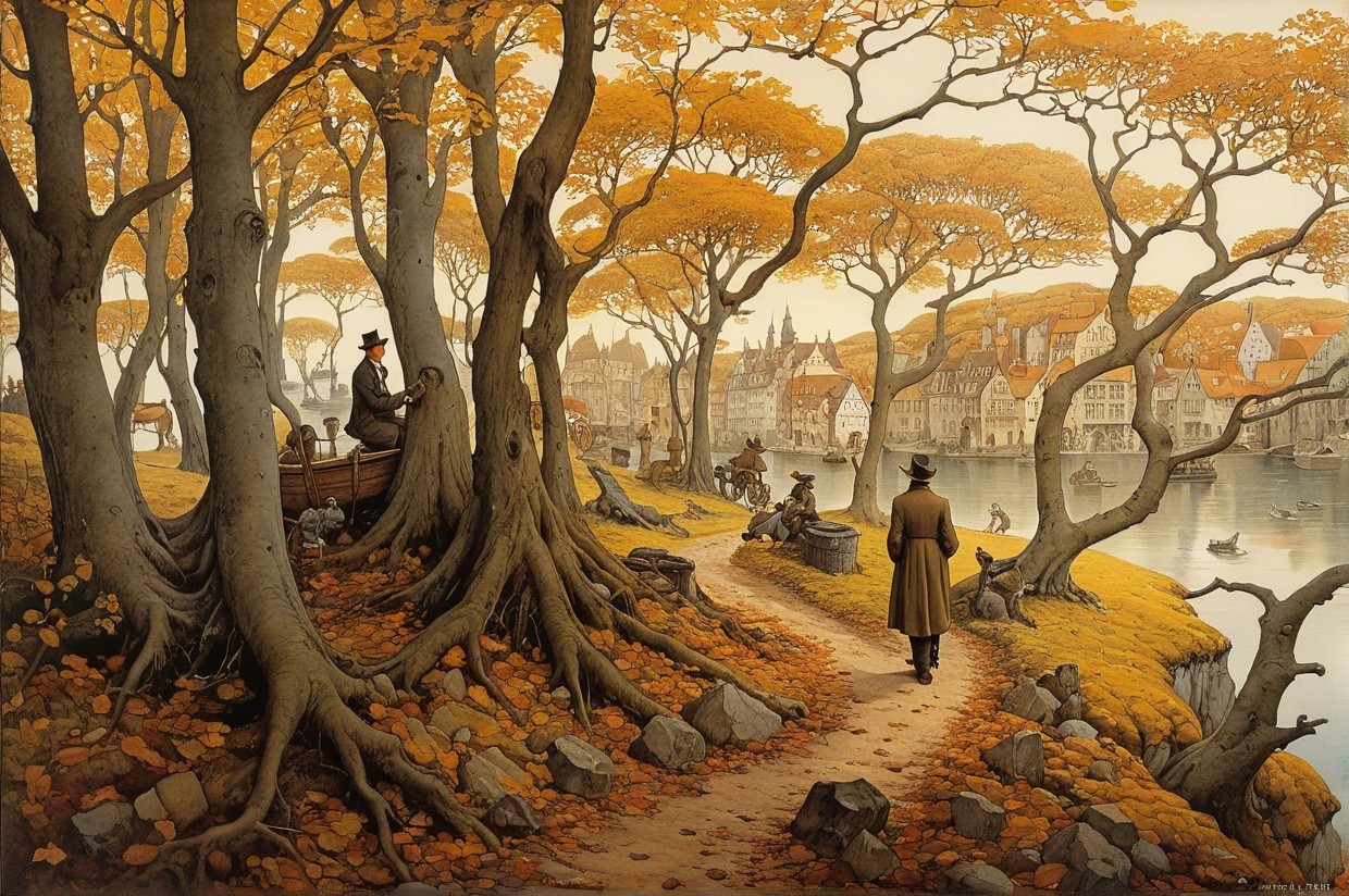 Autumn Riverbank Scene with Vibrant Trees and Houses