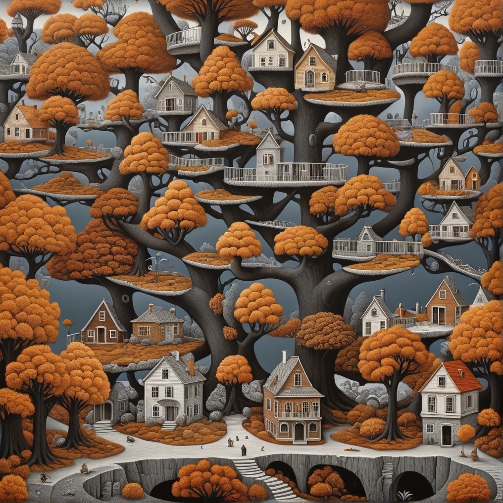 Whimsical Landscape with Orange Foliage and Tree Houses