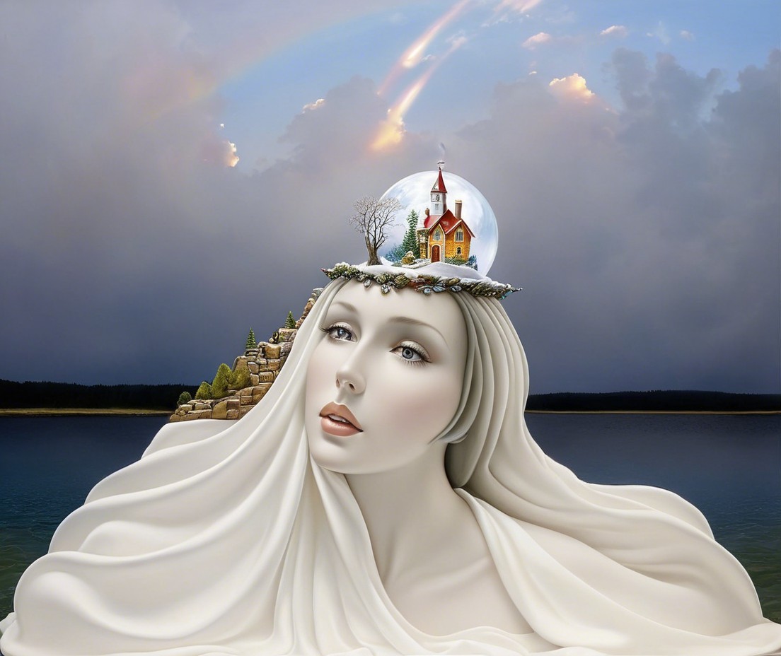 Serene Figure with Crystal Globe and Dramatic Sky