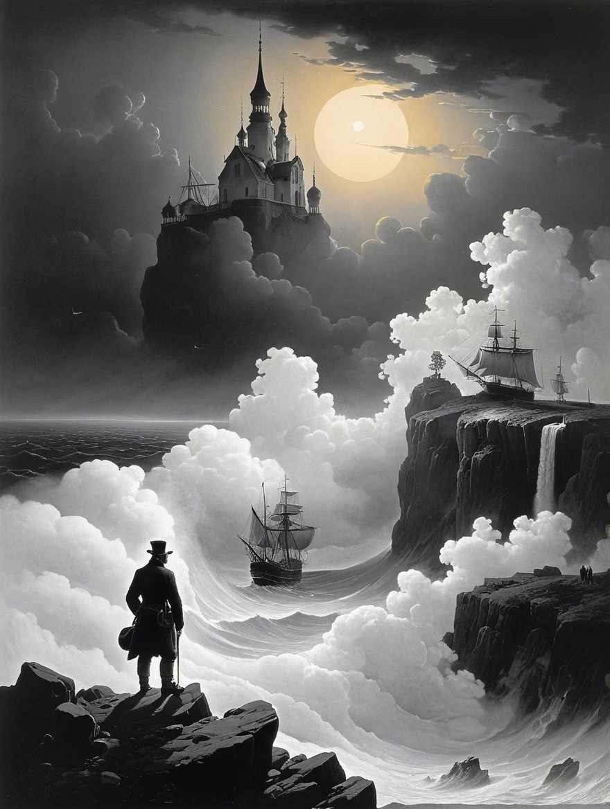 Figure in Top Hat on Cliff Overlooking Dramatic Sea
