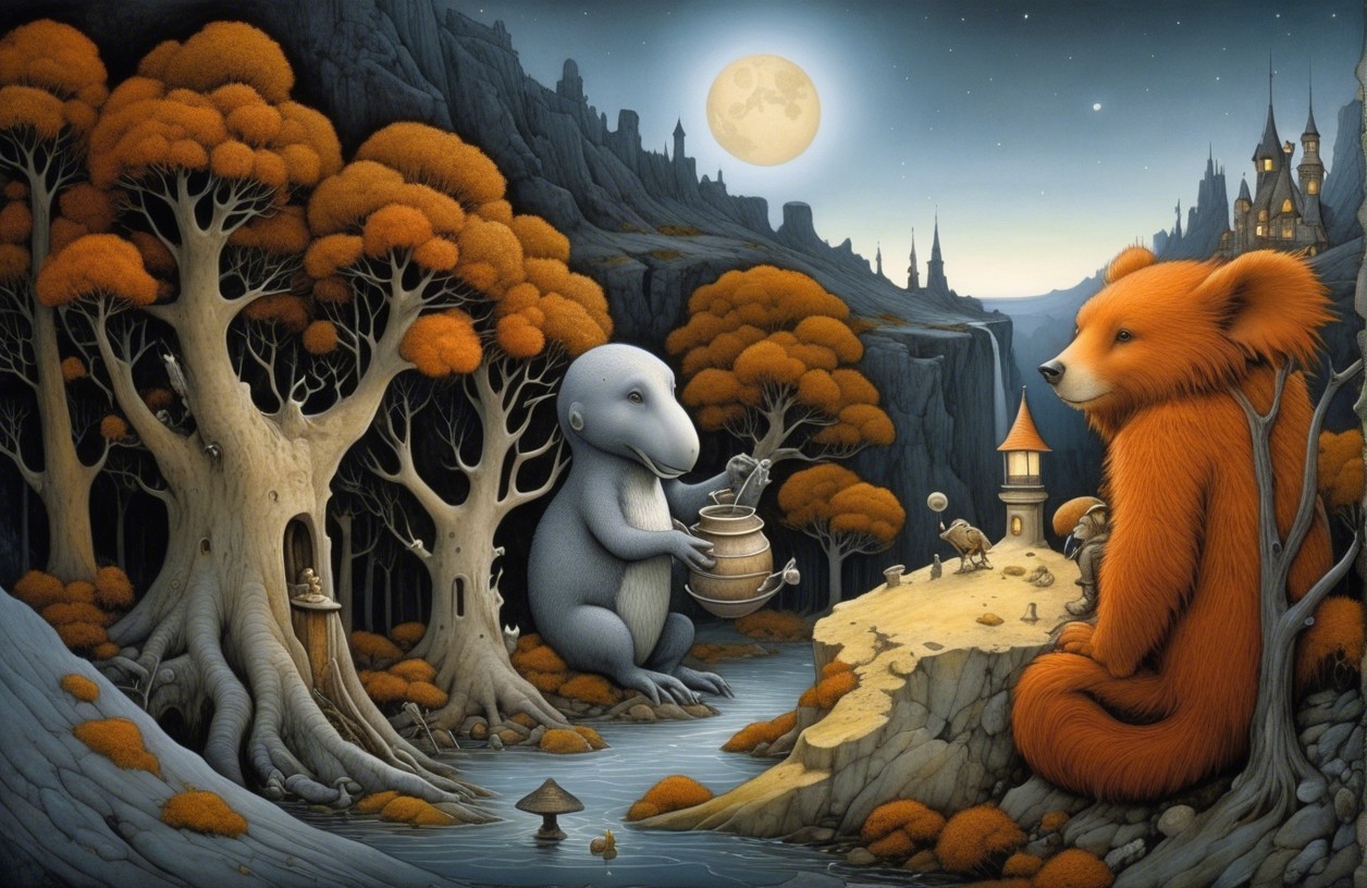 Mystical forest scene with gray creature and orange bear