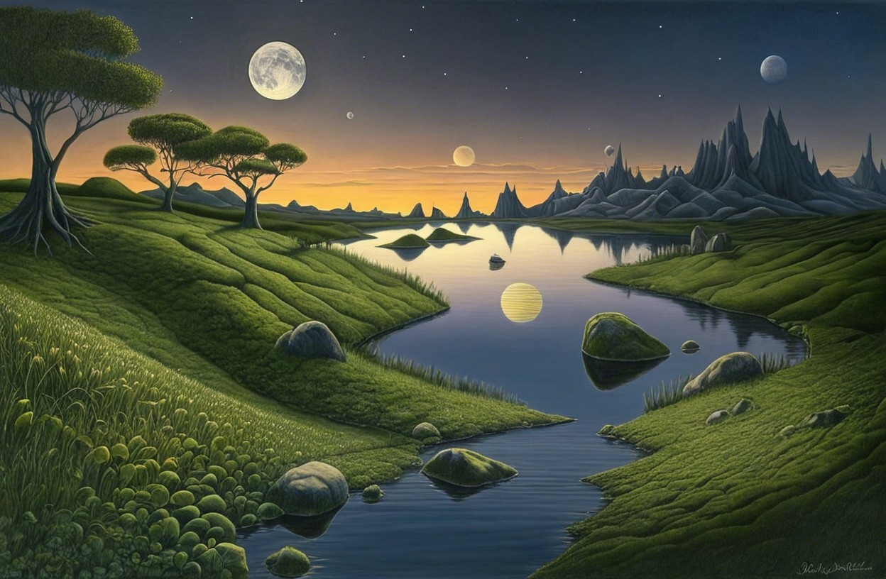 Twilight Landscape with River and Multiple Moons