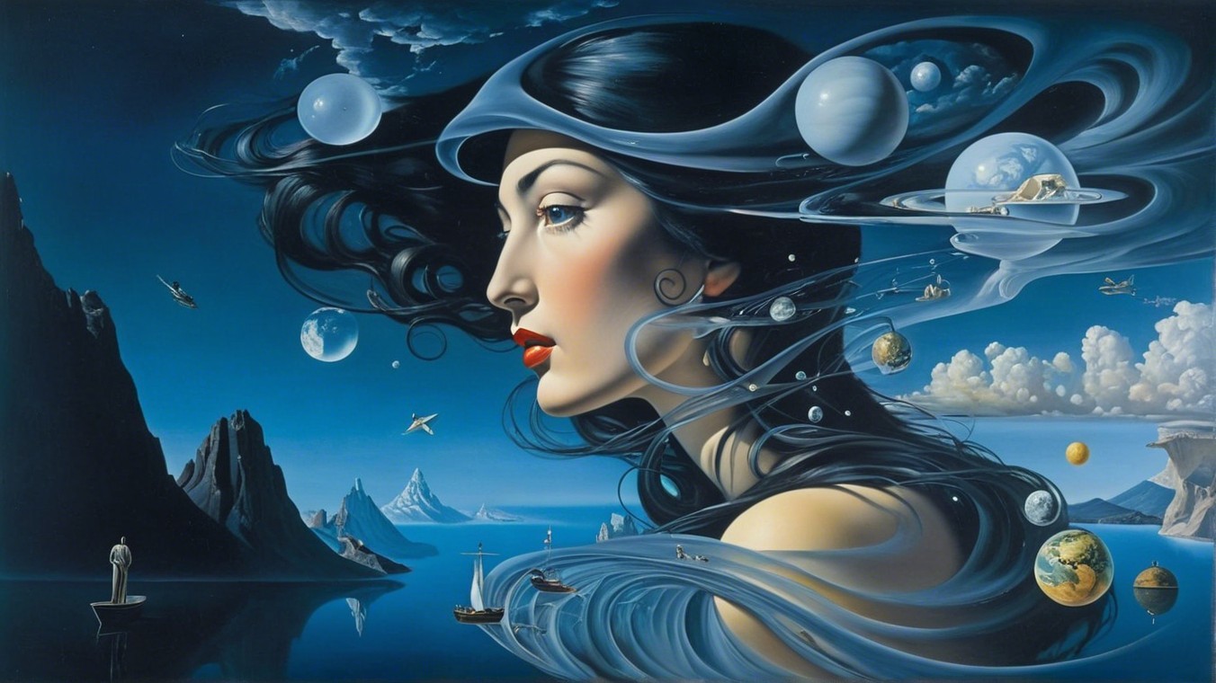 Woman with Dark Hair in Cosmic Seascape Painting