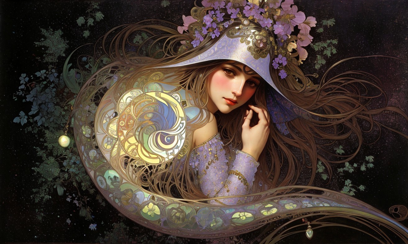 Ethereal figure with floral headdress and vibrant attire