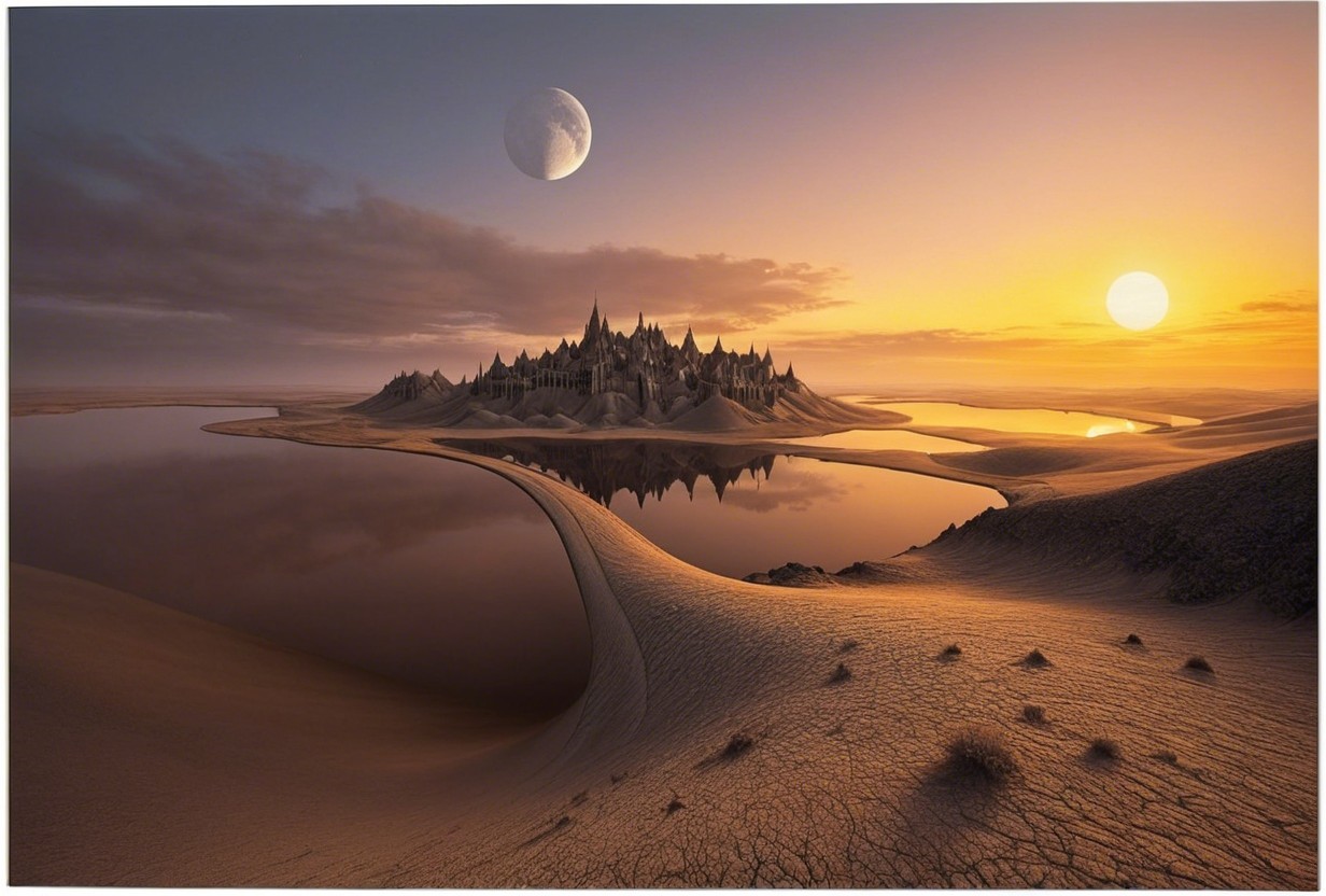 Majestic castle by shimmering lake in arid desert