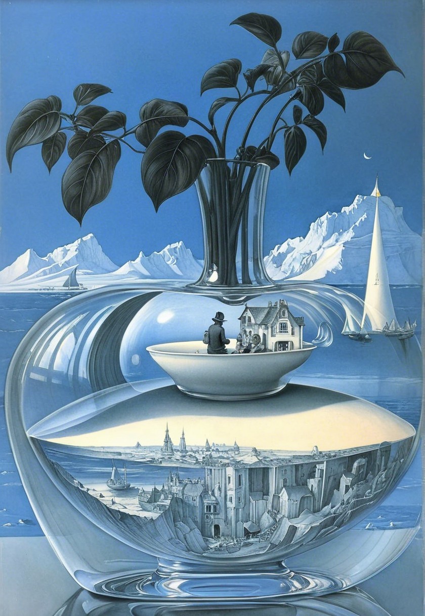 Glass Vase with Green Plant and Underwater Scene