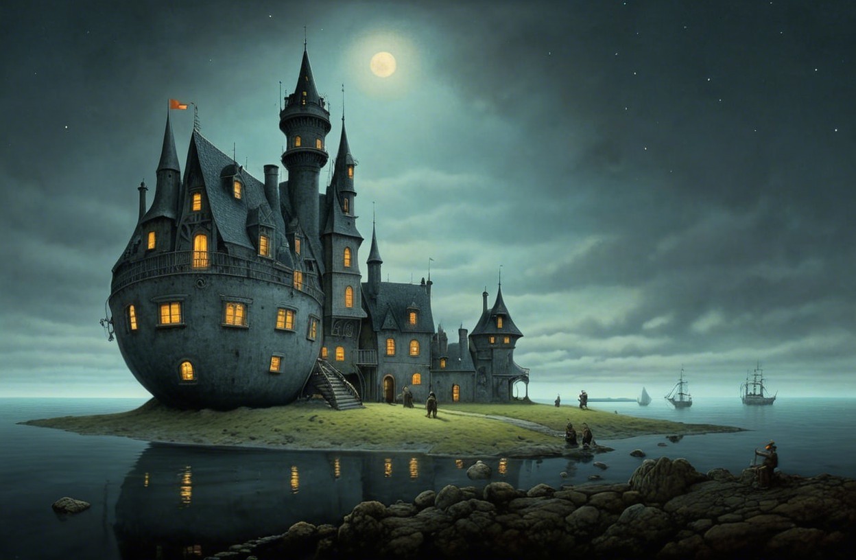 Whimsical castle on an island with moonlit ambiance
