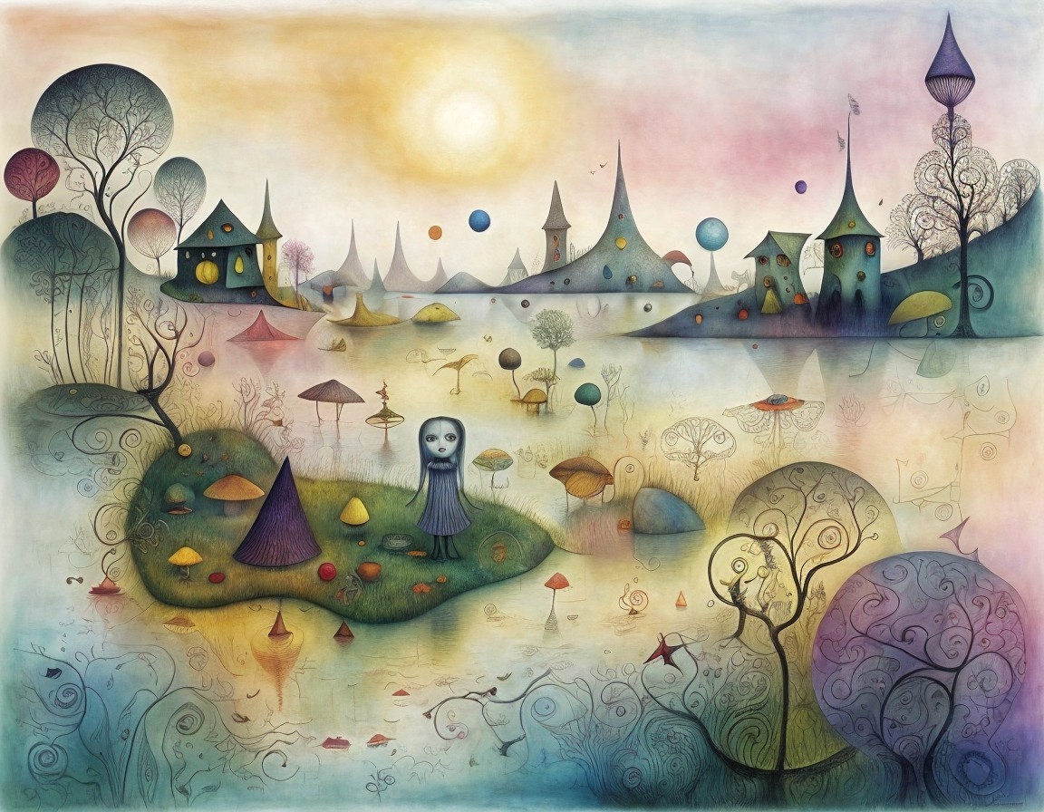 Dreamlike Landscape with Whimsical Houses and Trees