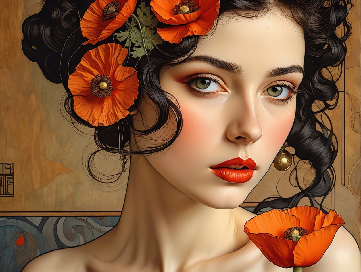 Young woman with green eyes and curly hair with poppies