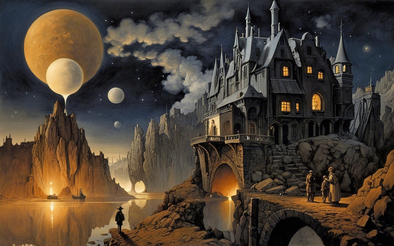 Gothic mansion on cliffs with starry sky and planets