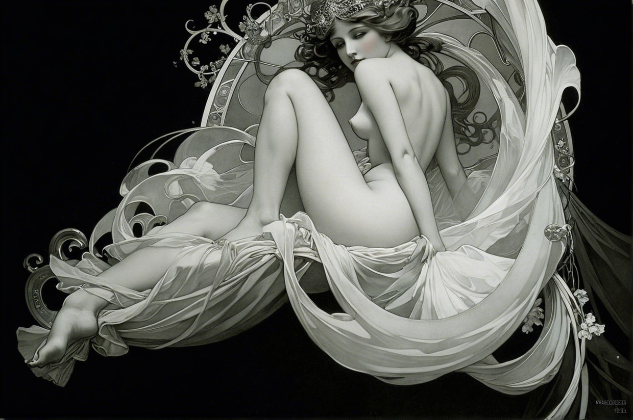 Ethereal Figure in Flowing Fabrics with Floral Motifs