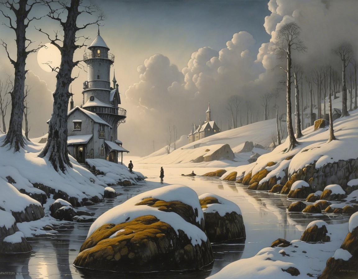 Tranquil Winter Landscape with Tower and Frozen River