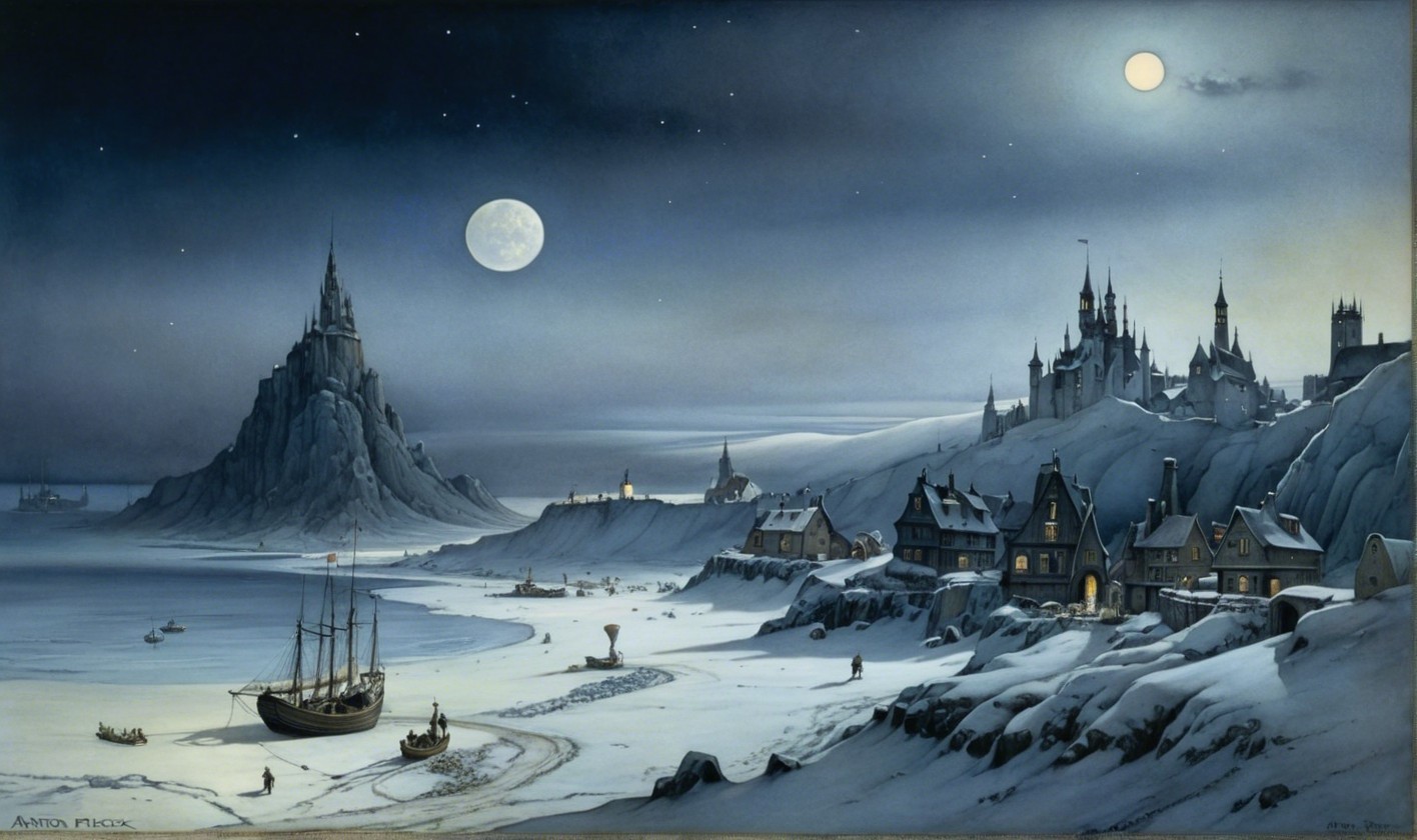 Ethereal Winter Landscape with Moons and Castles