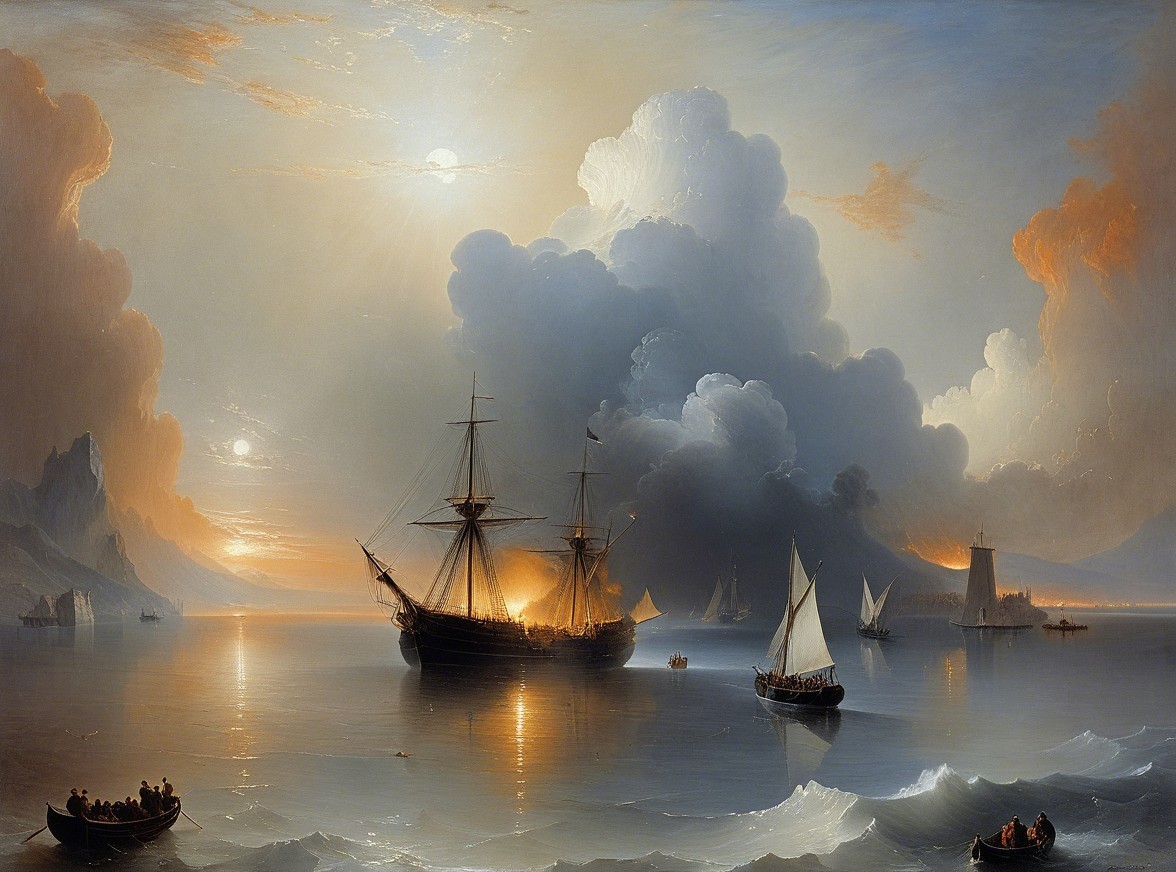 Seascape with Ships and Sunset Over Calm Waters