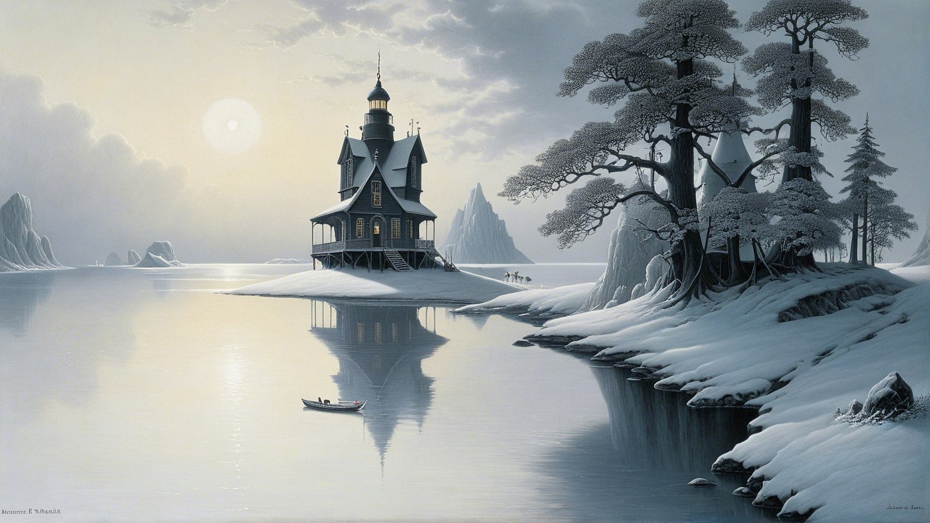 Monochromatic Landscape with Gothic House and Mountains