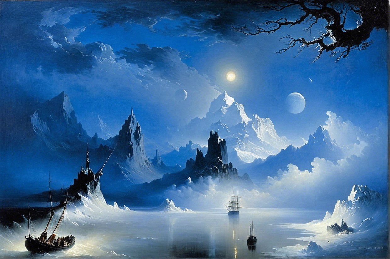 Mystical Evening Scene with Celestial Elements and Ships