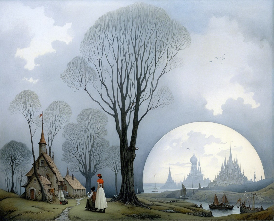 Serene landscape with cottage and fantastical city
