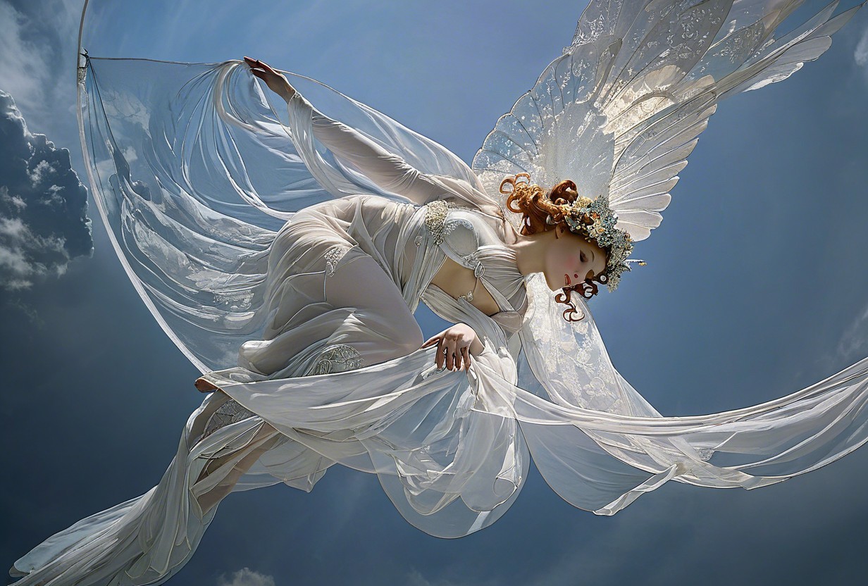 Ethereal figure with wings in a vibrant sky scene