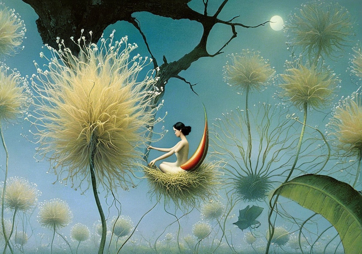 Surreal Landscape with Dandelion and Ethereal Flowers