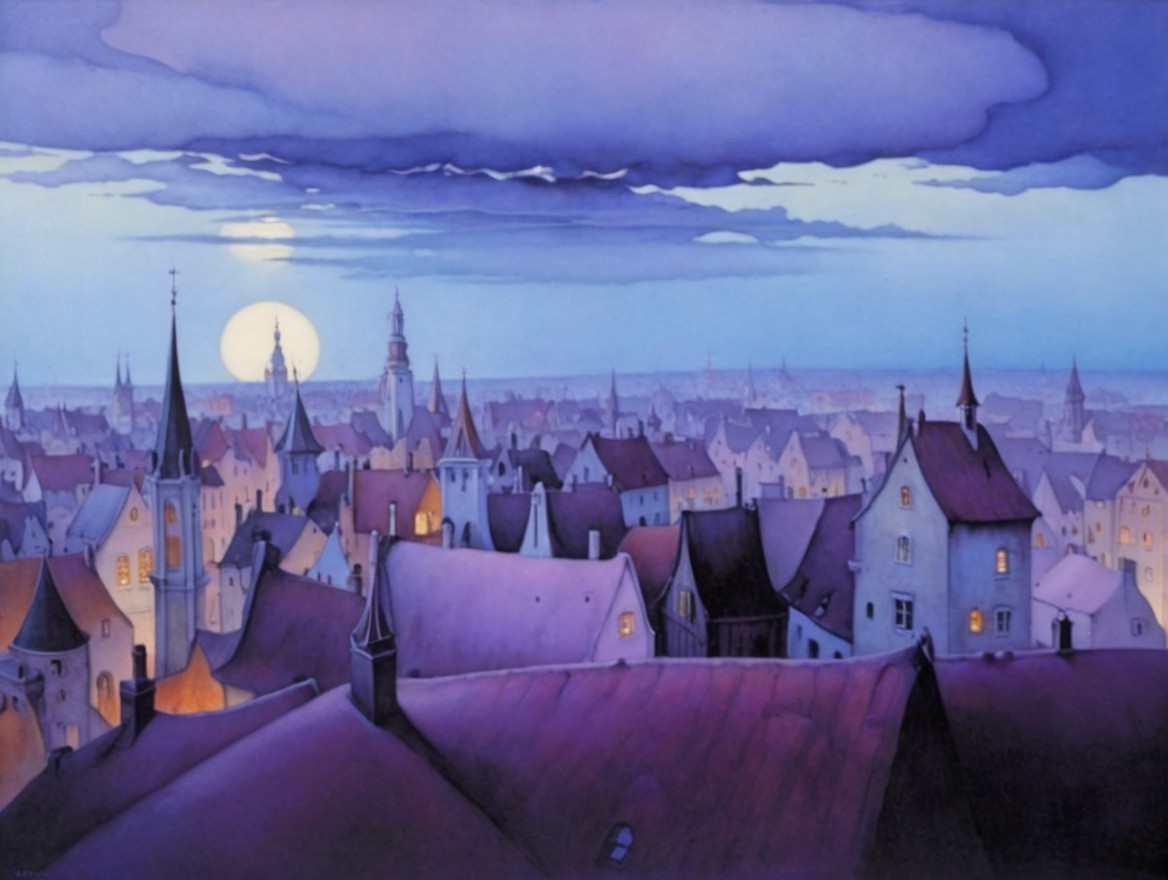 Twilight Cityscape with Moonlit Rooftops and Colors