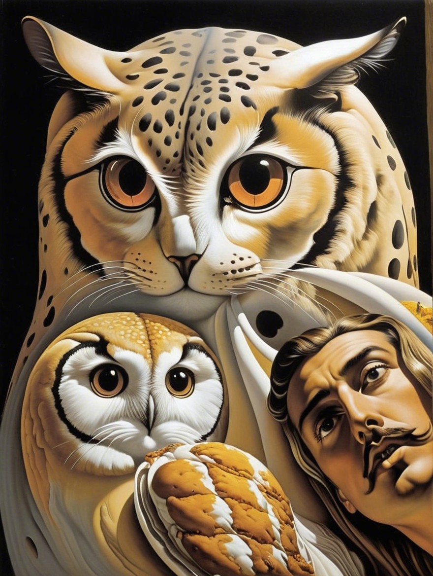 Surreal Artwork with Owls and Human Face Elements