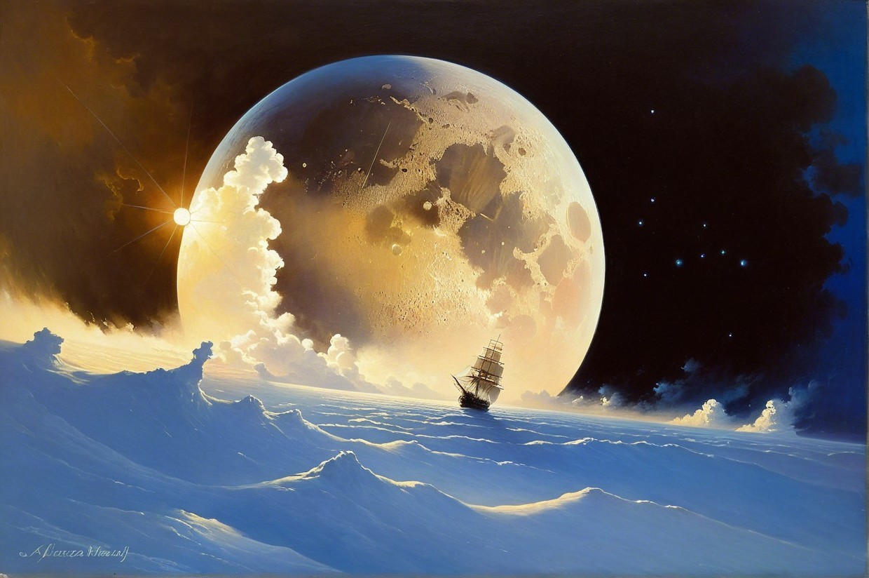Majestic ship in icy waters under a luminous moon