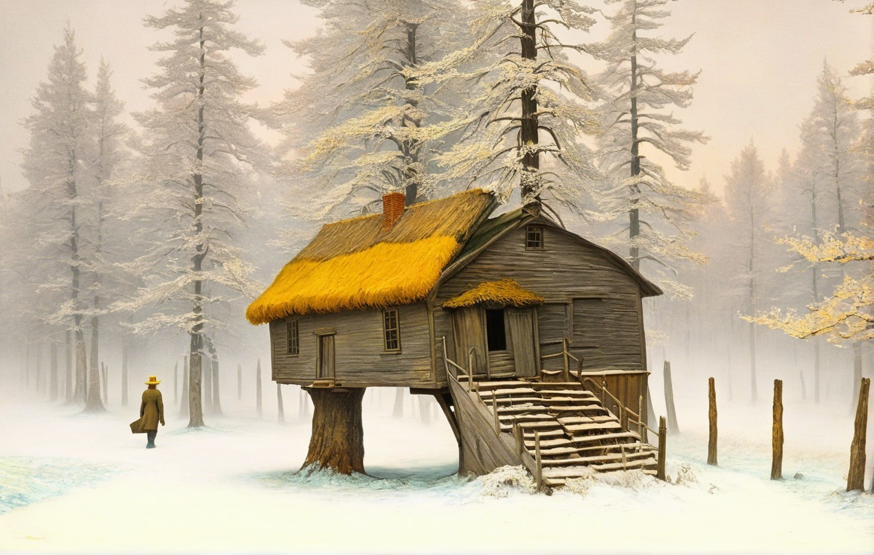 Wooden Cottage on Stilts in Snowy Pine Landscape