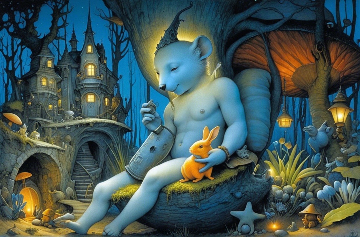 Whimsical Moonlit Forest with Crowned Mouse and Rabbit