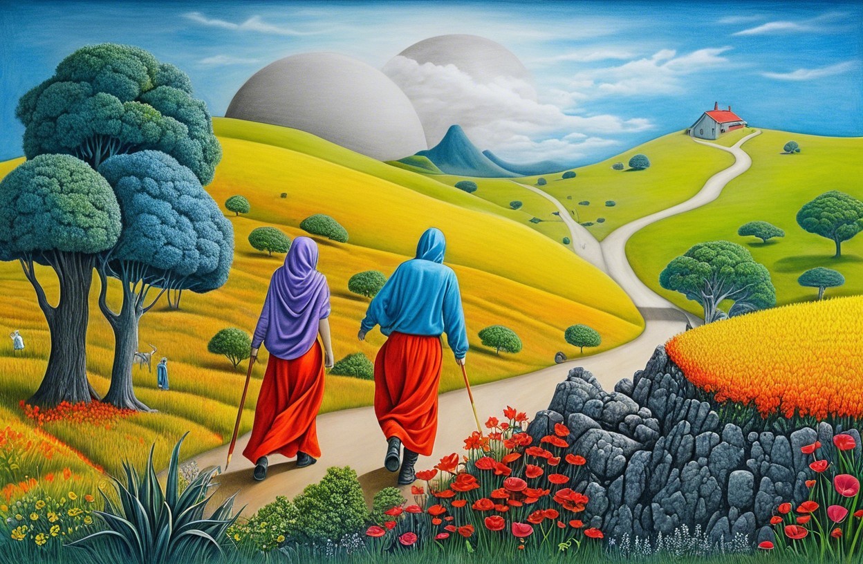 Vibrant Figures Walking in a Lush Landscape with Moons