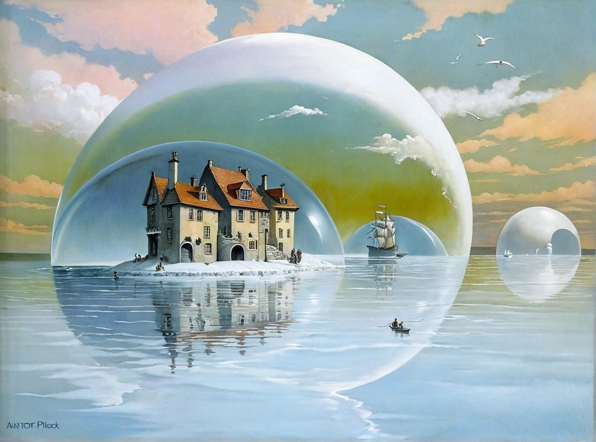 Whimsical House in a Bubble on a Tranquil Island