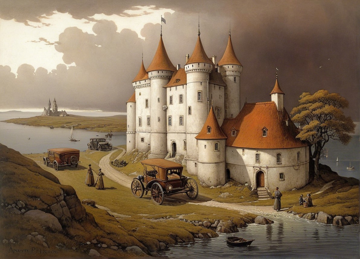 Fairytale Castle Landscape with Vintage Cars and Water
