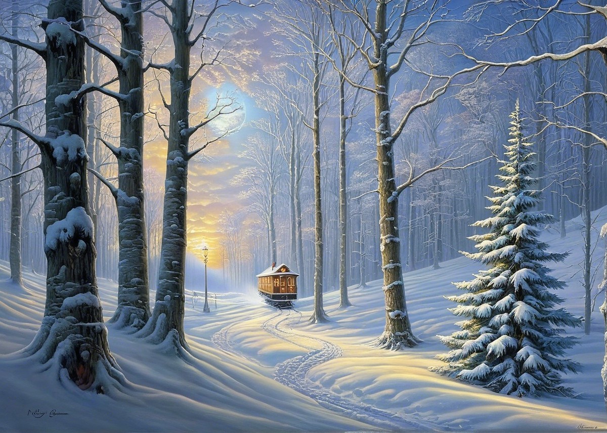 Winter Landscape with Snowy Trees and Vintage Tram