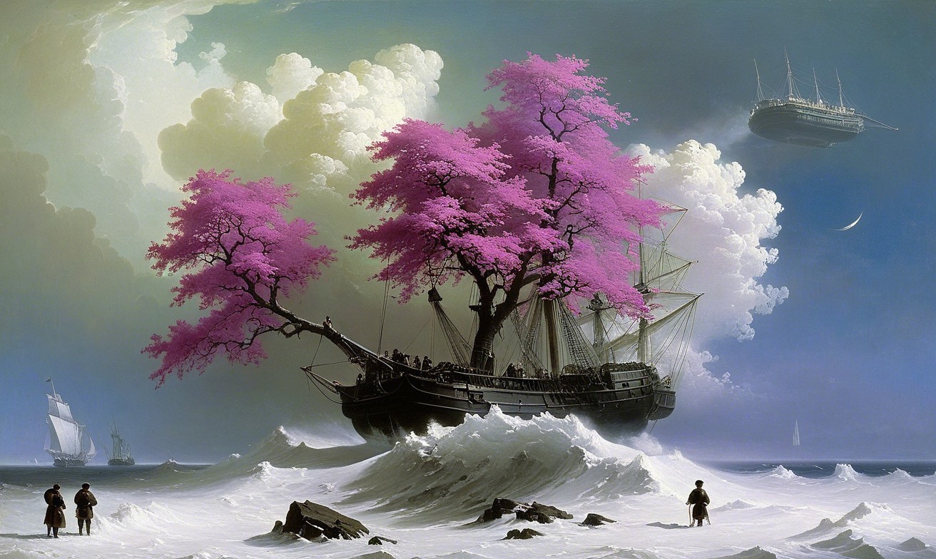Surreal Seascape with Ships and Vibrant Pink Trees