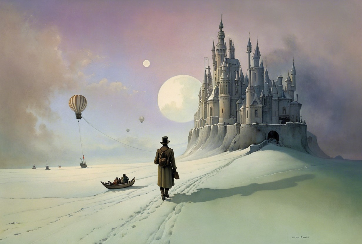 Solitary figure in snowy landscape near a castle