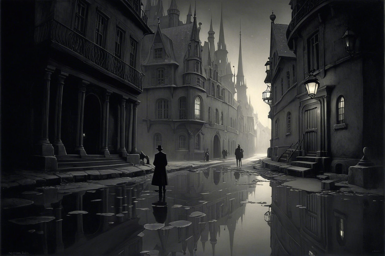 Medieval Town Street Scene with Fog and Gas Lamps